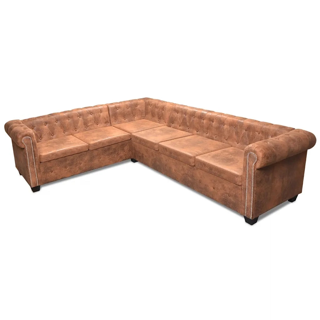 Divano Angolare Chesterfield 6 posti Pelle Artificiale Marrone 243618