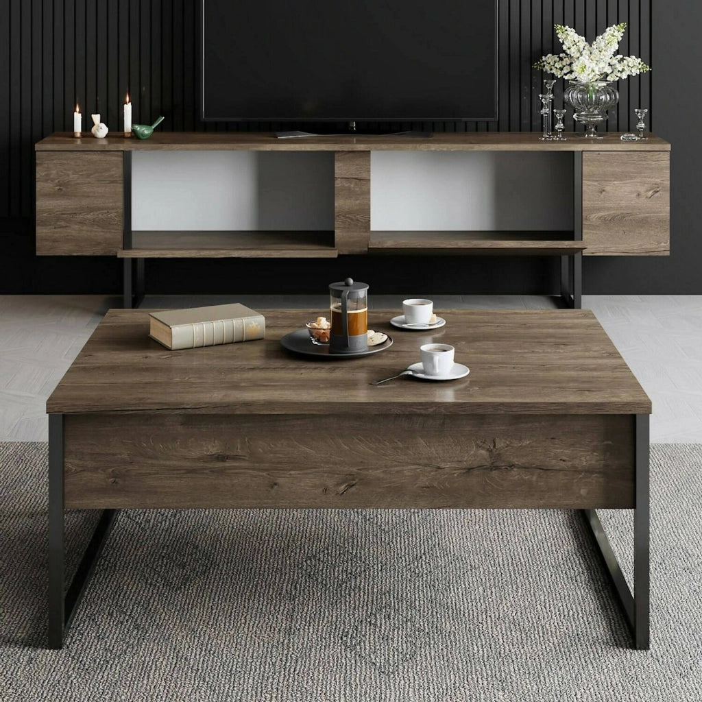 Mornasco, set Mobili da Soggiorno Modulabile, Marrone Noce