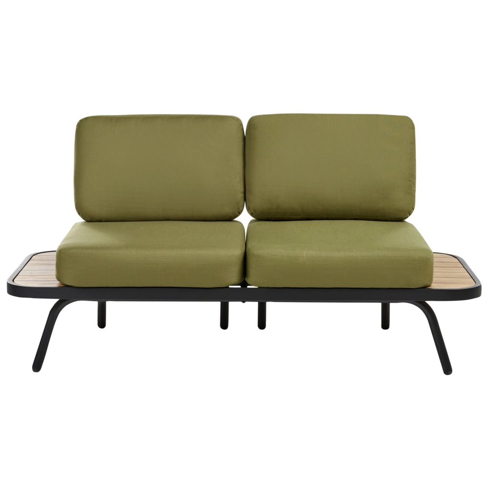 Divano da giardino 4 elementi con struttura in alluminio e legno d'acacia certificato con cuscini verde oliva stile modermo