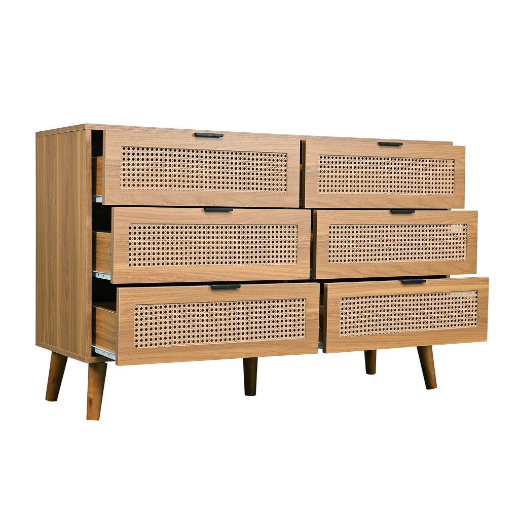 OKWISH Comò Retrò con 6 Cassetti, Maniglie in Metallo e Gambe in Legno Massello, per Camera Soggiorno Studio, Noce, 120×40×76.5 cm