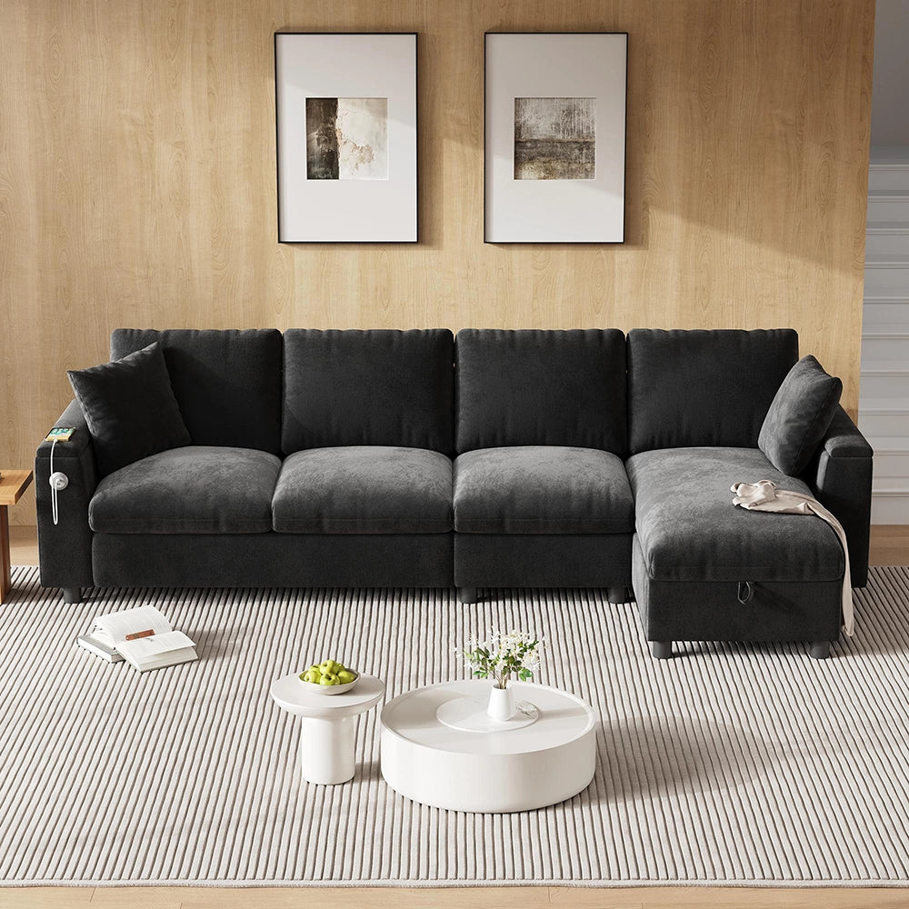 Divano angolare in L - Xylo - Chenille, USB-C, tavolo ribaltabile, grigio