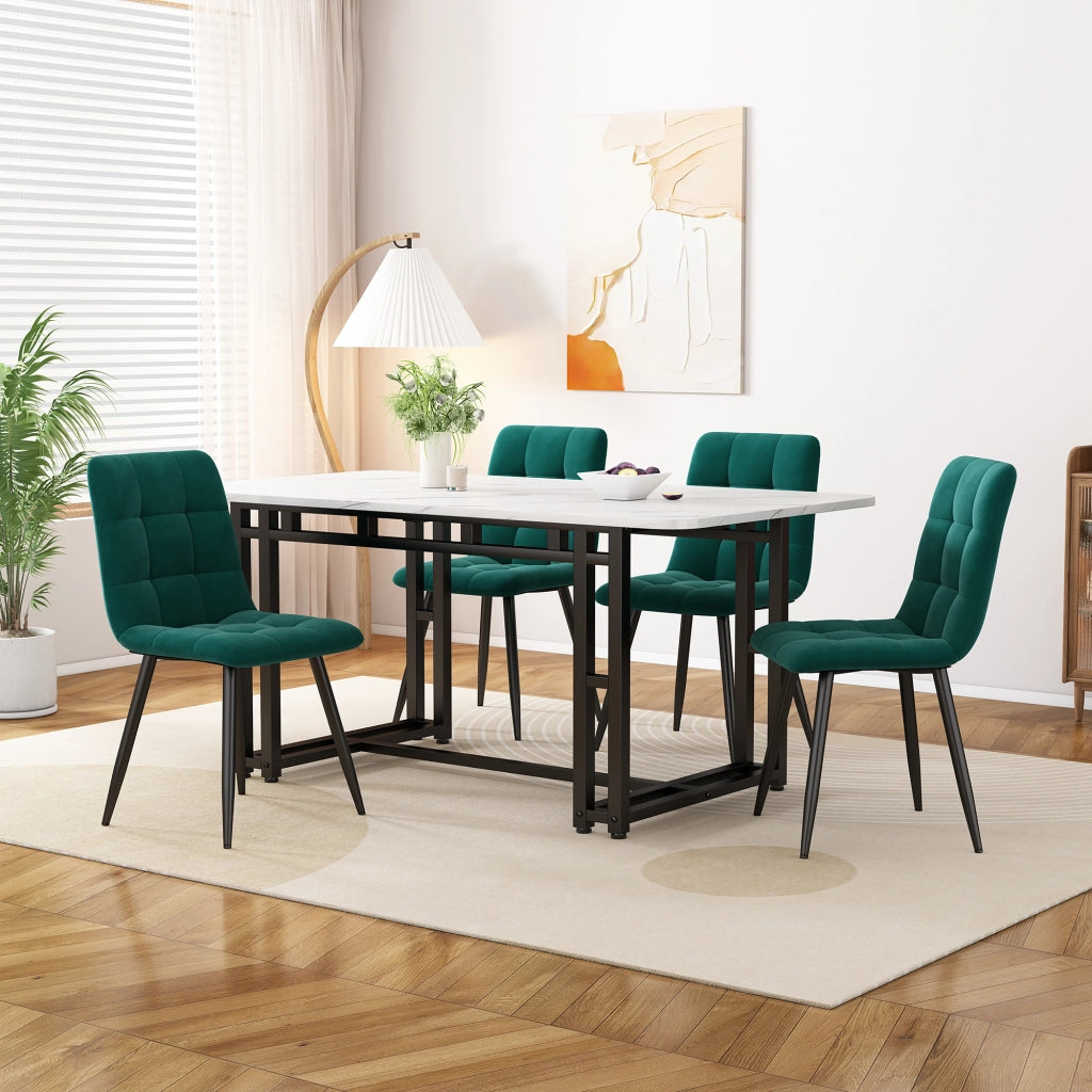 Tavolo da pranzo per 4 persone con 4 sedie in velluto, piano in MDF e gambe in metallo, per soggiorno, 120 × 70 cm