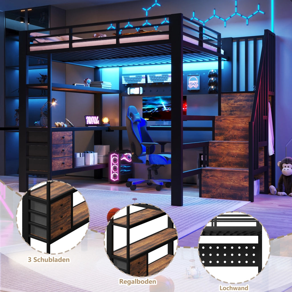 DESMIU Letto a soppalco 140 × 200 cm 1 posto con scrivania, cassetti, LED e presa, senza materasso, nero