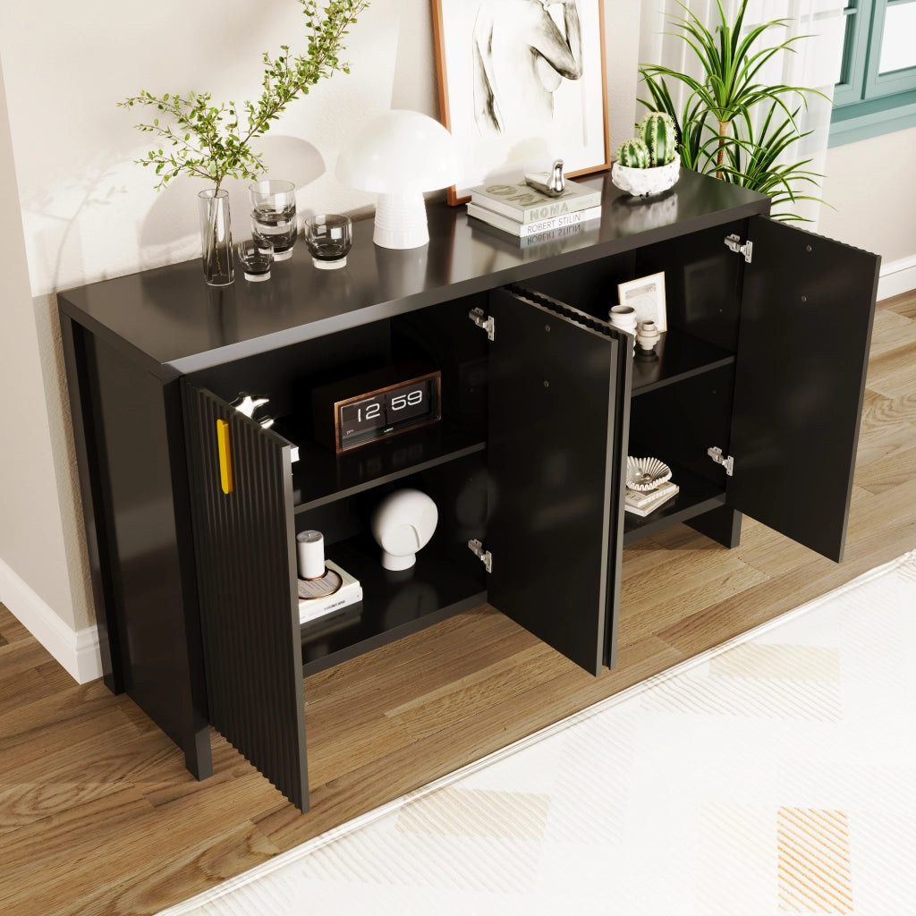 Credenza con 4 Ante e Ripiani Regolabili; Maniglie Dorate; Stile Moderno; in Pannello Truciolare; 140??38??80 cm; Nero
