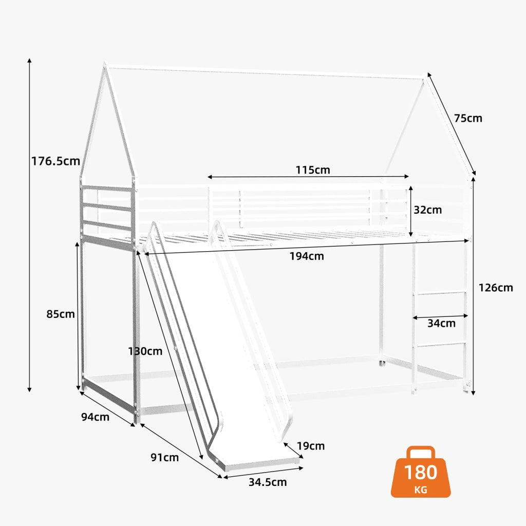 Letto a castello per bambini 90 × 190 cm con scivolo, scala e sponde di sicurezza, senza materasso, in ferro, bianco