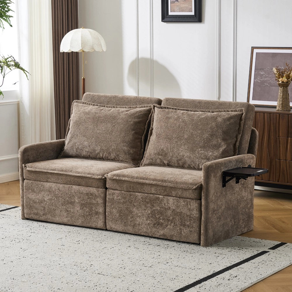 Divano Letto con Contenitore e USB ¨C MINIMAL ¨C Chenille, Marrone, Schienale Regolabile