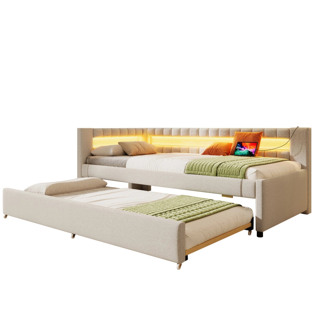 Letto 90x200 cm con LED; letto estraibile; USB e Type-C in lino beige