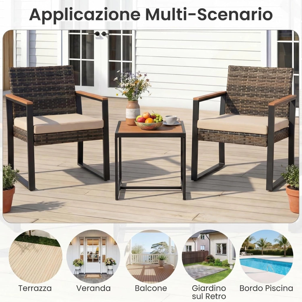 Set Salottino da Esterno in Rattan 3 pezzo, Set Mobili da Giardino Include 1 Tavolino Quadrato e 2 Poltrone Comode con Cuscino Imbottito e Telaio in Acciaio, per Balcone e Terrazzo (Beige)