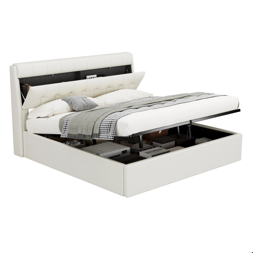 Letto imbottito elegante - Zephmum - 180x200 - Bianco - Idraulico, con testiera e contenitore