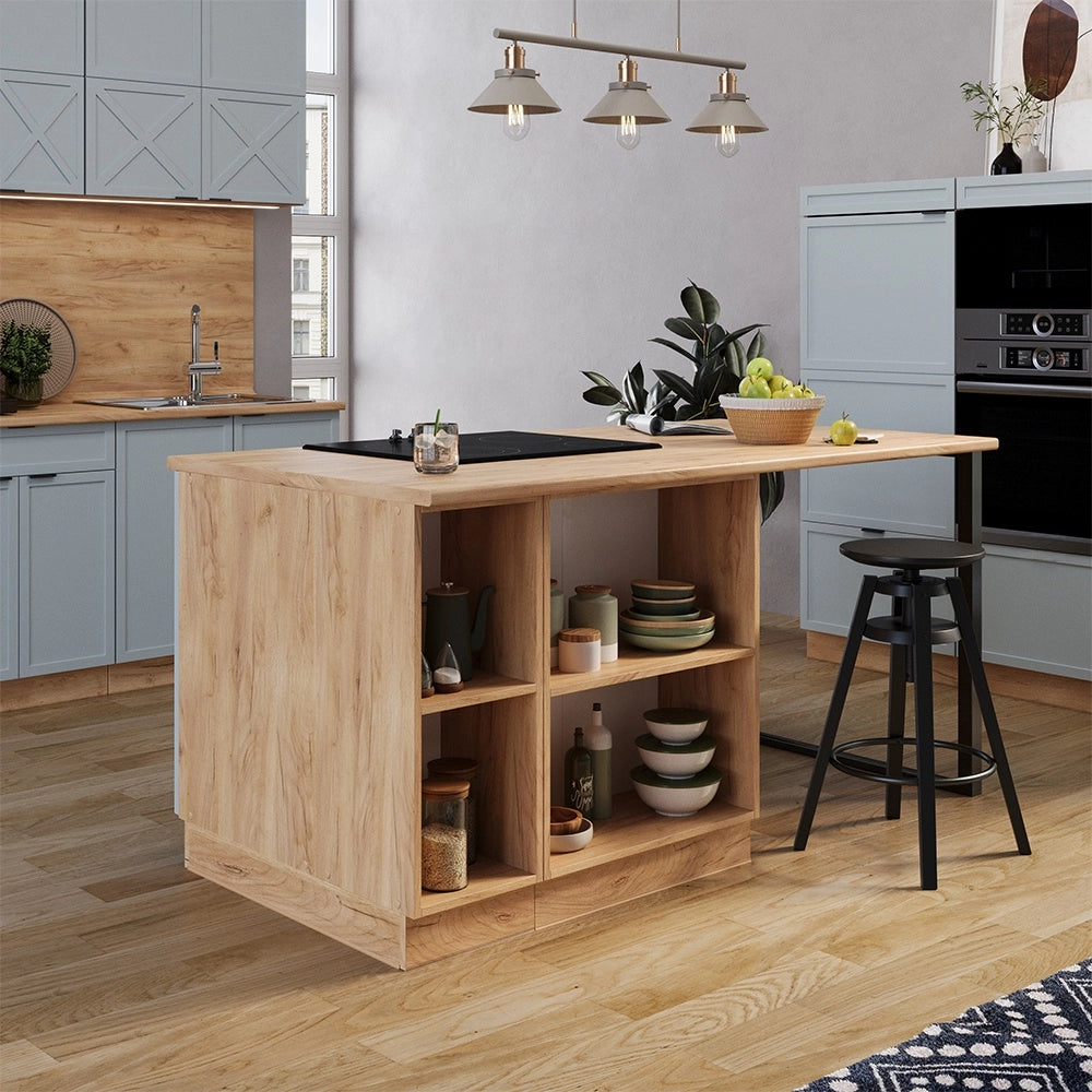Isola cucina Fame-Line Blu-grigio chiaro/Rovere dorato 90 cm con cassetto, senza piano di lavoro Vicco