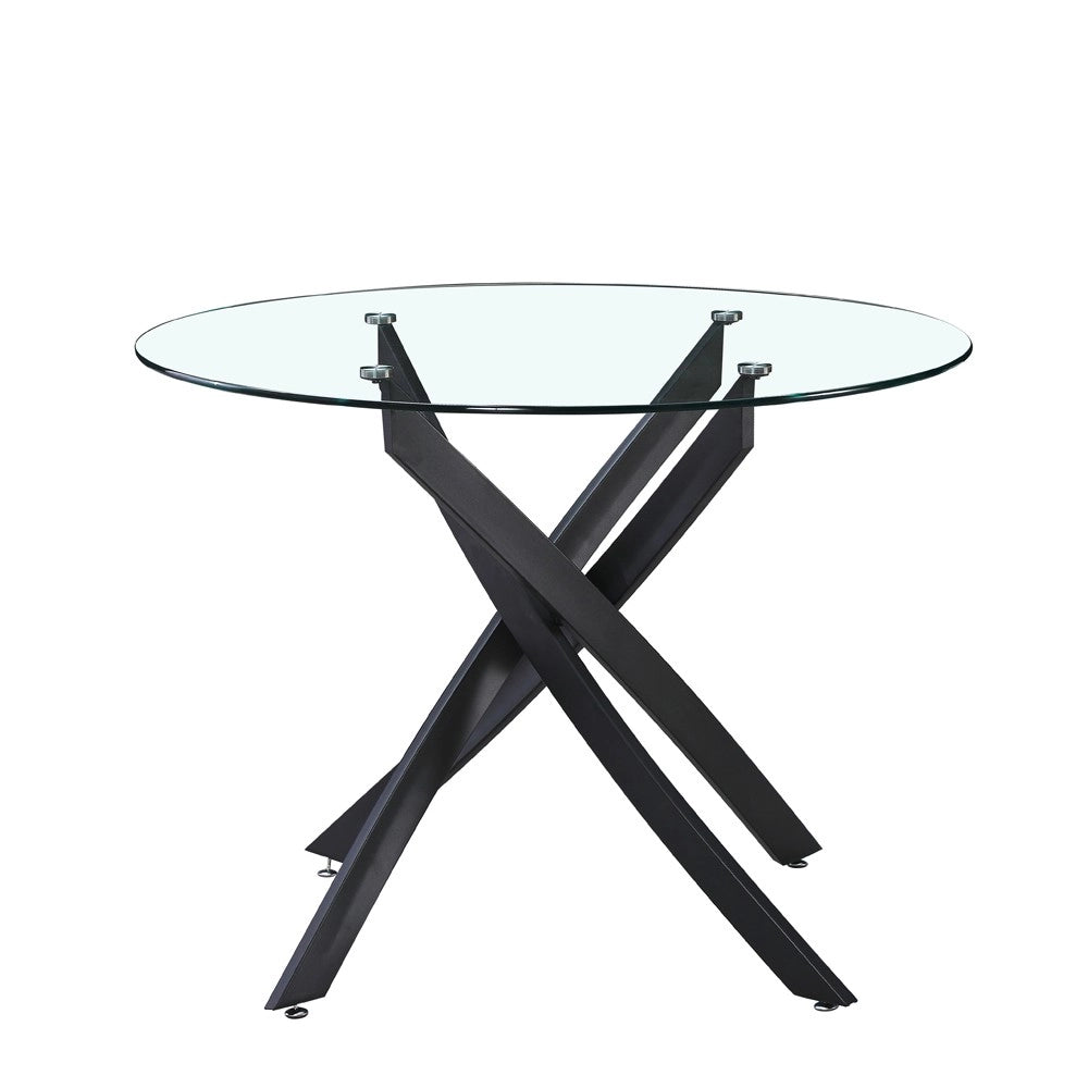 Tavolo da pranzo tondo fisso Peyton con piano in vetro temperato e gambe nere 100x100 cm.