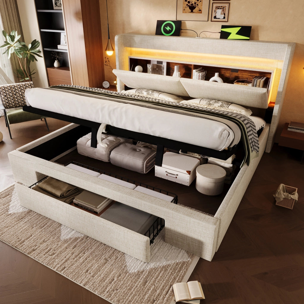 LETTO Contenitore 180x200 cm Beige in lino con LED e porte USB-C