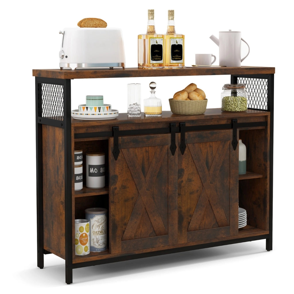 Mobile credenza con ante scorrevoli 3 ripiani regolabili e scomparti aperti, Mobile bar caff¨¨ stile rustico Marrone