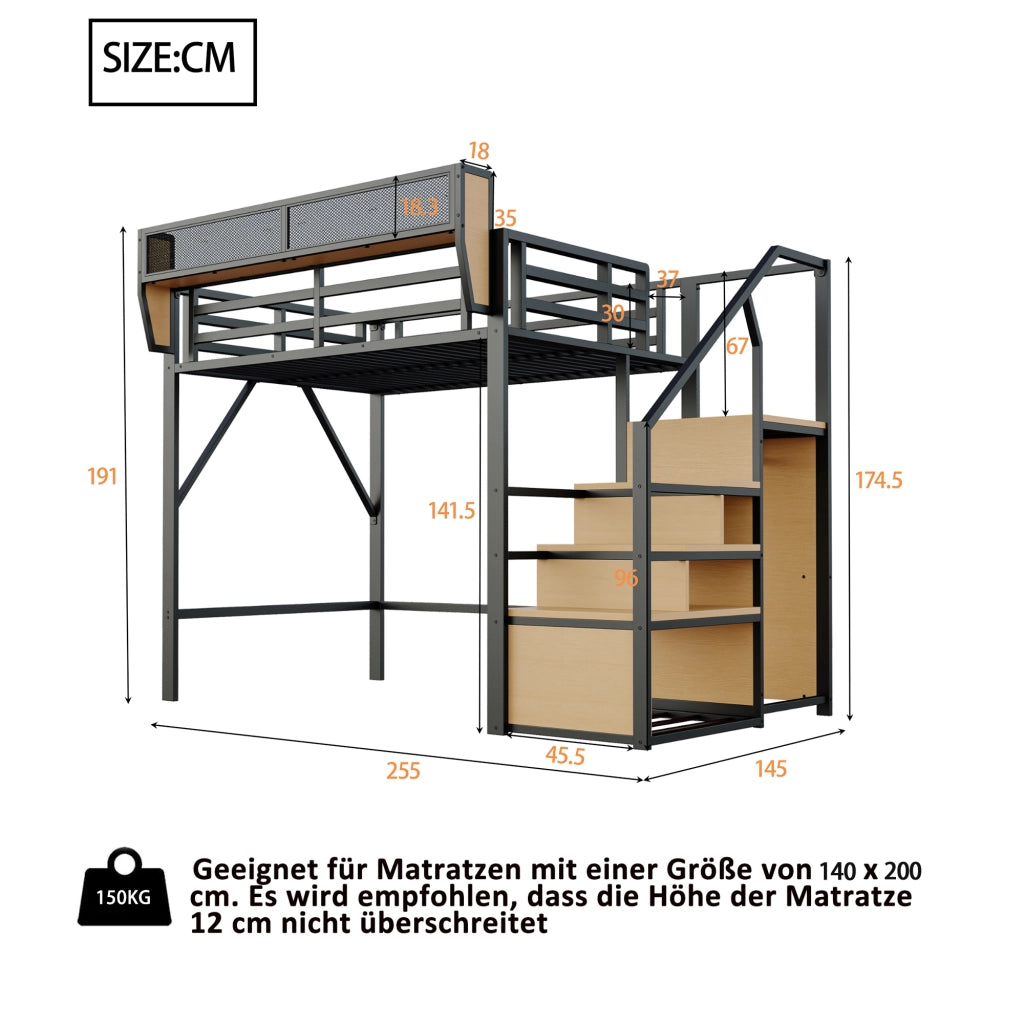 LETTO a soppalco 140x200 cm in metallo nero con scala di sicurezza e ripiano