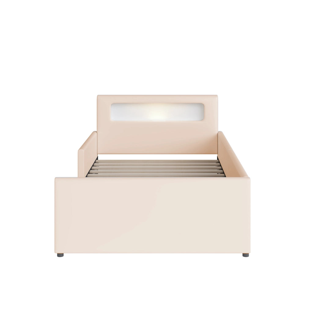Letto imbottito per bambini 90x200 cm con luce LED; porta USB e cassetti; beige