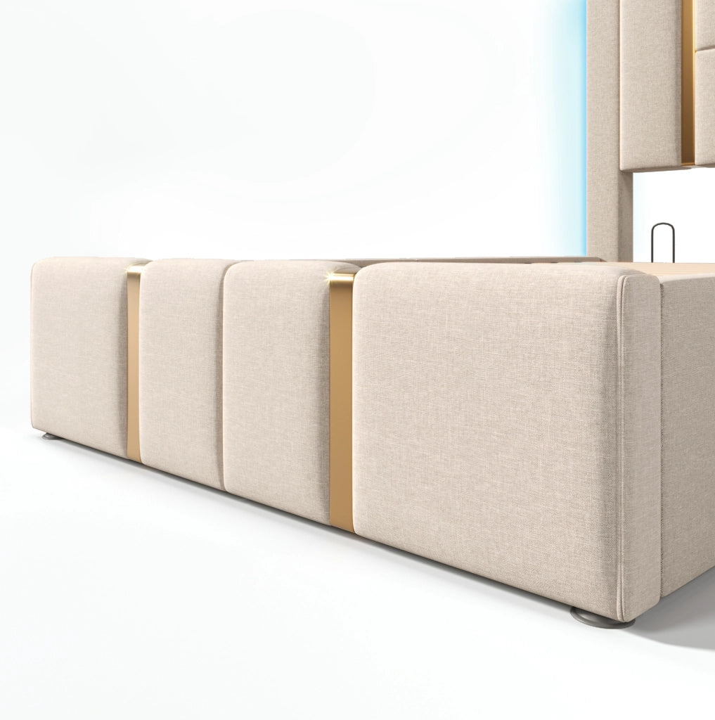Letto imbottito 90x200 cm in lino beige con LED RGB; USB e Type-C; contenitore e rete a doghe