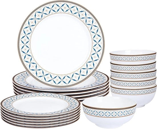 Set da servizio per 6 persone, 18-dell'insieme Combiservizio comprende piatti, piatti con disegno geometrico moderno, porcellana, grigio blu