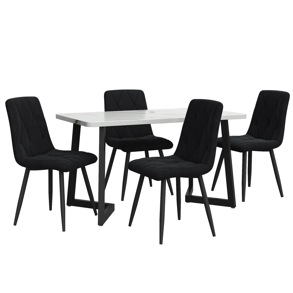 Gruppo tavolo da pranzo rettangolare con 4 sedie, set moderno da cucina, in MDF e velluto, nero, 117 × 68 × 75 cm