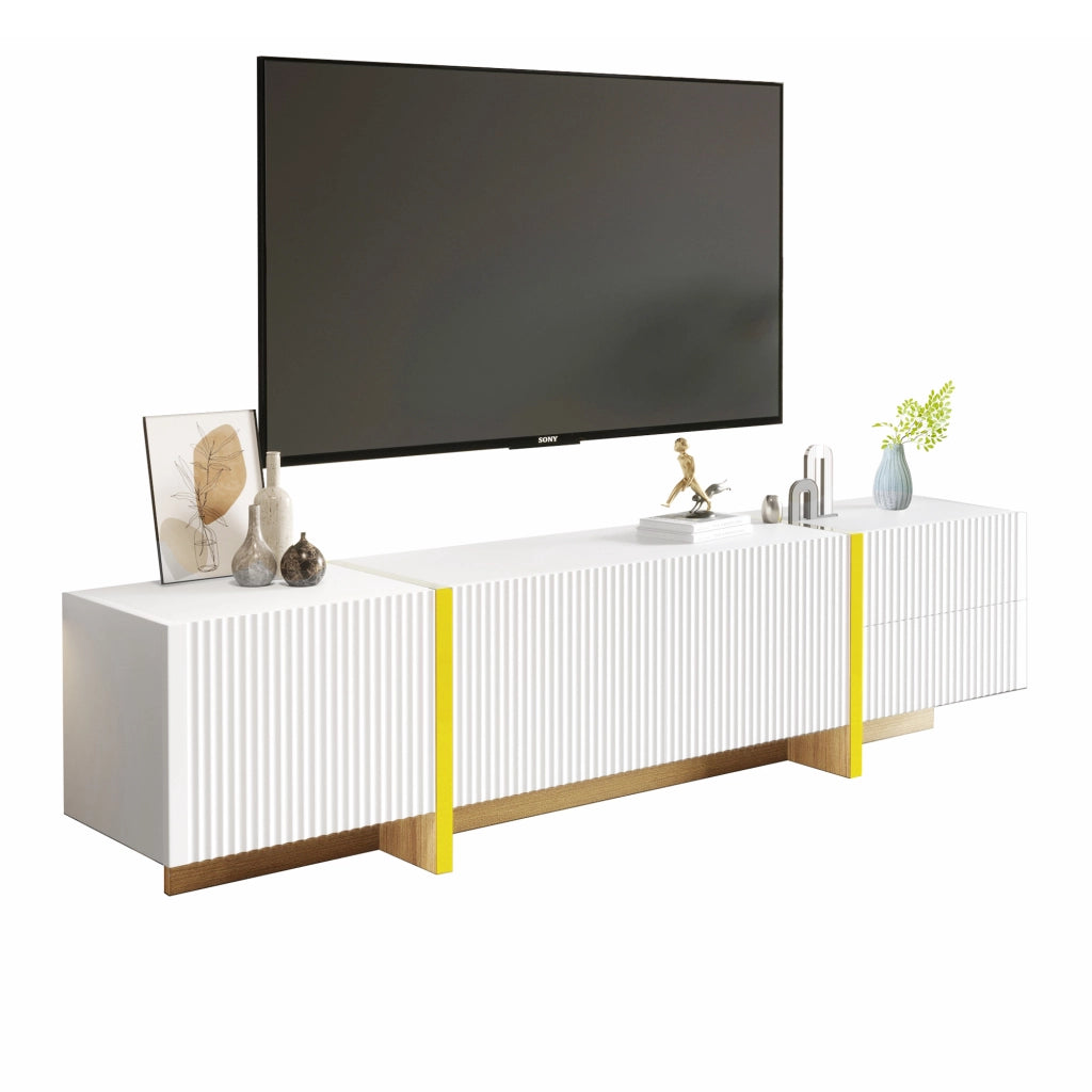 Mobile TV con 3 Ante e 2 Cassetti; Cerniere Ammortizzate; per Soggiorno; in MDF e Pannello di Particelle; Bianco e Oro; 190×35×45 cm