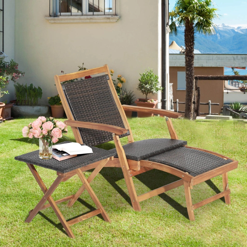 Set di tavolo e sedia pieghevoli da esterno con ottomana braccioli retrattili, Mobili in rattan di legno acacia-Set mobili da esterno