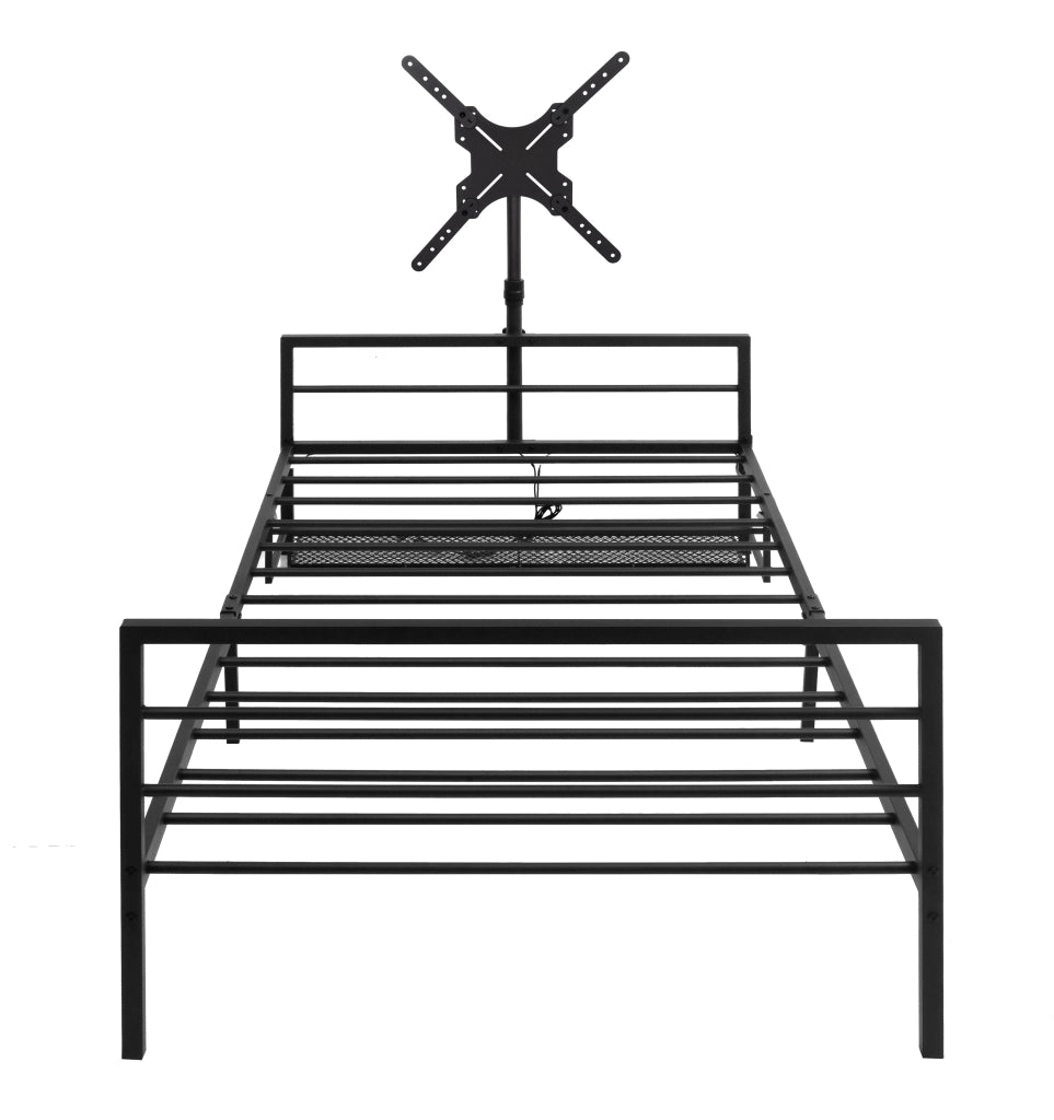 Letto per adulti in metallo nero con supporto monitor regolabile, luci LED e cestino, senza materasso
