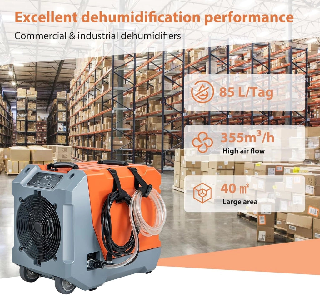 Deumidificatore Elettrico 85L/Giorno, Deumidificatore Industriale Professionale con Pompa di Scarico Automatica, Tubo di Scarico, Timer 24 Ore, per Cantine, Fabbriche, Magazzini (Arancione)