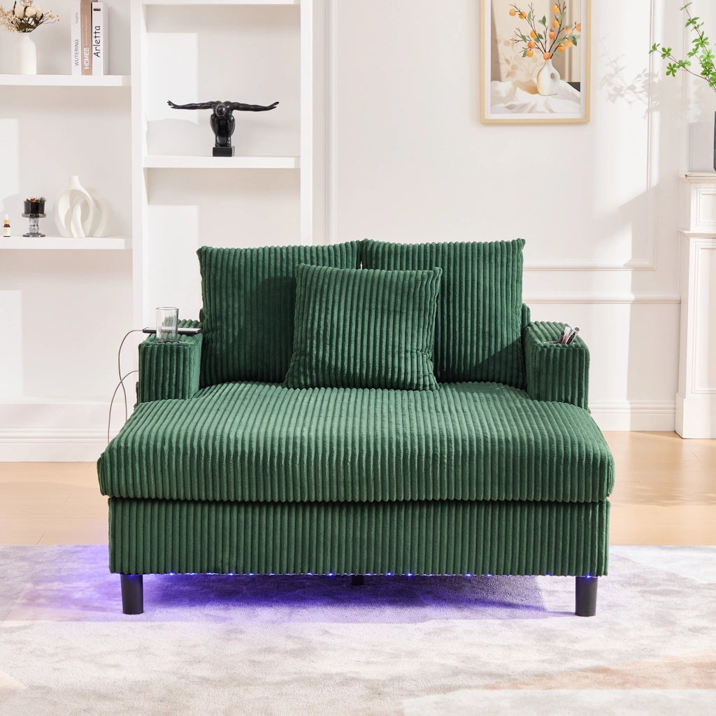 OKWISH Chaise Longue con USB, LED e Portabicchieri, Schienale Ergonomico, Velluto a Coste Smeraldo, 142 × 128 × 85 cm