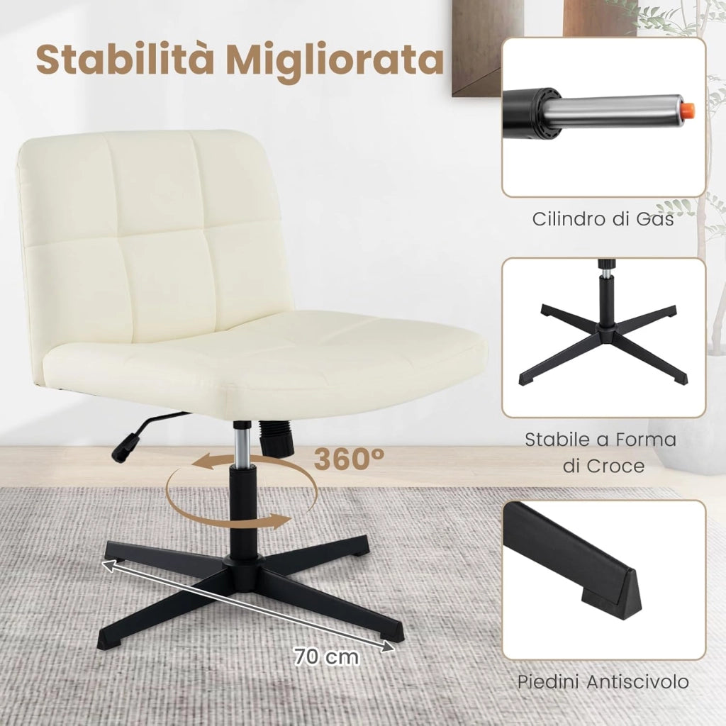 Sedia da Ufficio a Gambe Incrociate, Sedia Scrivania con Seduta a U Spaziosa, Sedia Girevole per Casa e Ufficio, senza Ruote e Braccioli, Altezza Regolabile, Portata 150 kg (Beige)