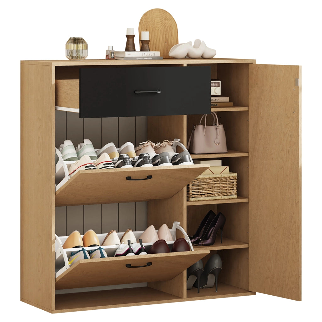 Scarpiera con 1 cassetto e 2 vani ribaltabili - per ingresso - in MDF e truciolare - 100×35×106 cm - noce e nero