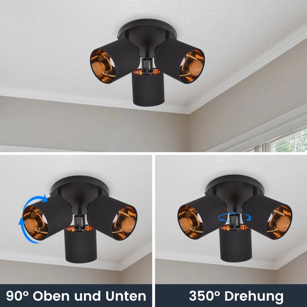 ZMH Faretto da soffitto neri retrò 3 luci E14 rotanti 350° paralume tessuto max 25W senza lampadina