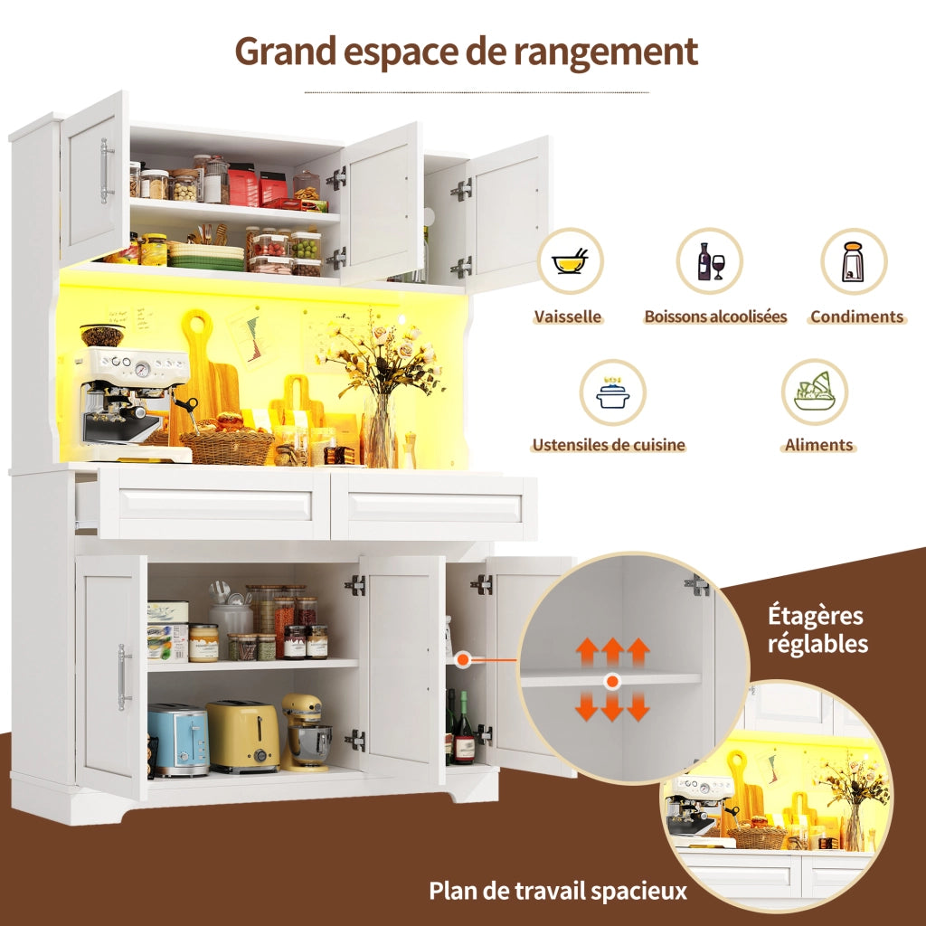 Credenza alta con LED e ripiani regolabili, piano di lavoro, per cucina e sala da pranzo, bianco, 108 × 40 × 180 cm