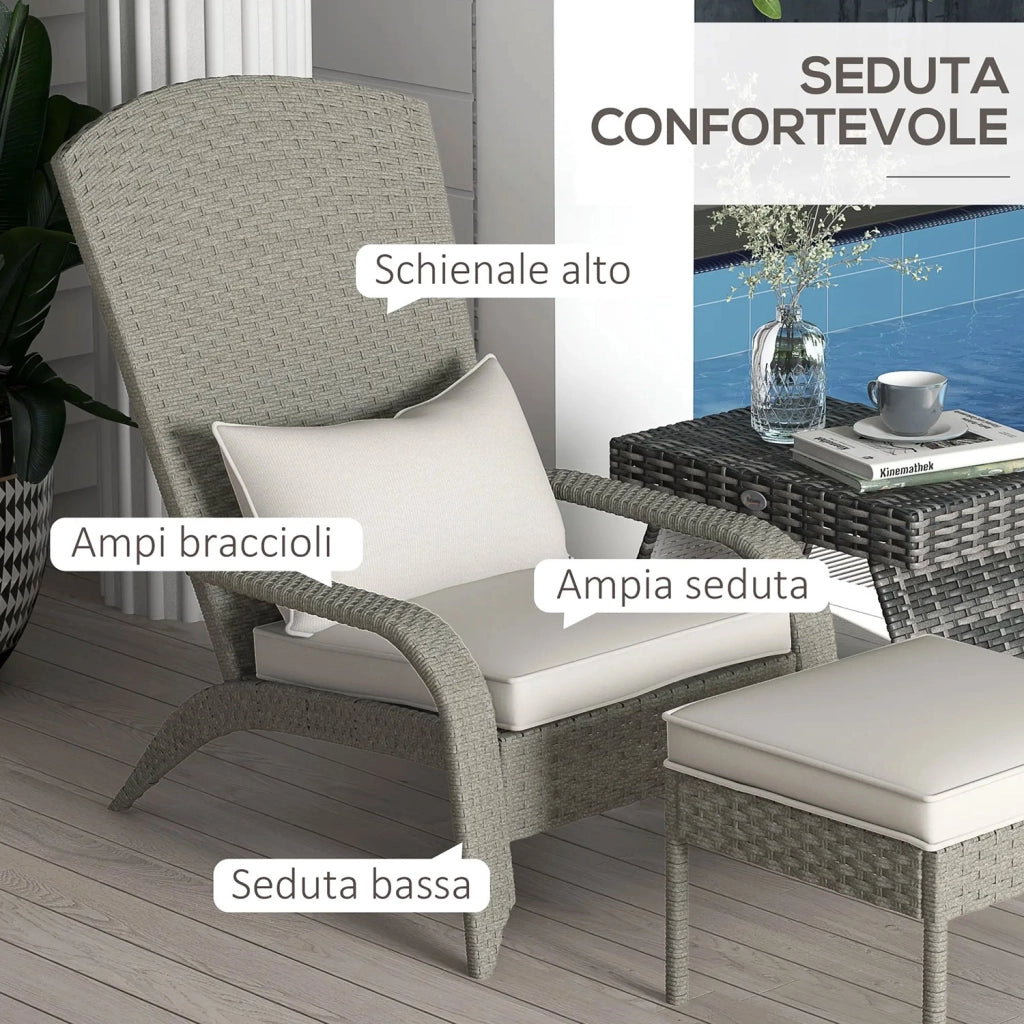 Sedia da Giardino con Poggiapiedi e Cuscini Imbottiti 64x82x89 cm in Rattan e Acciaio Grigio e Crema