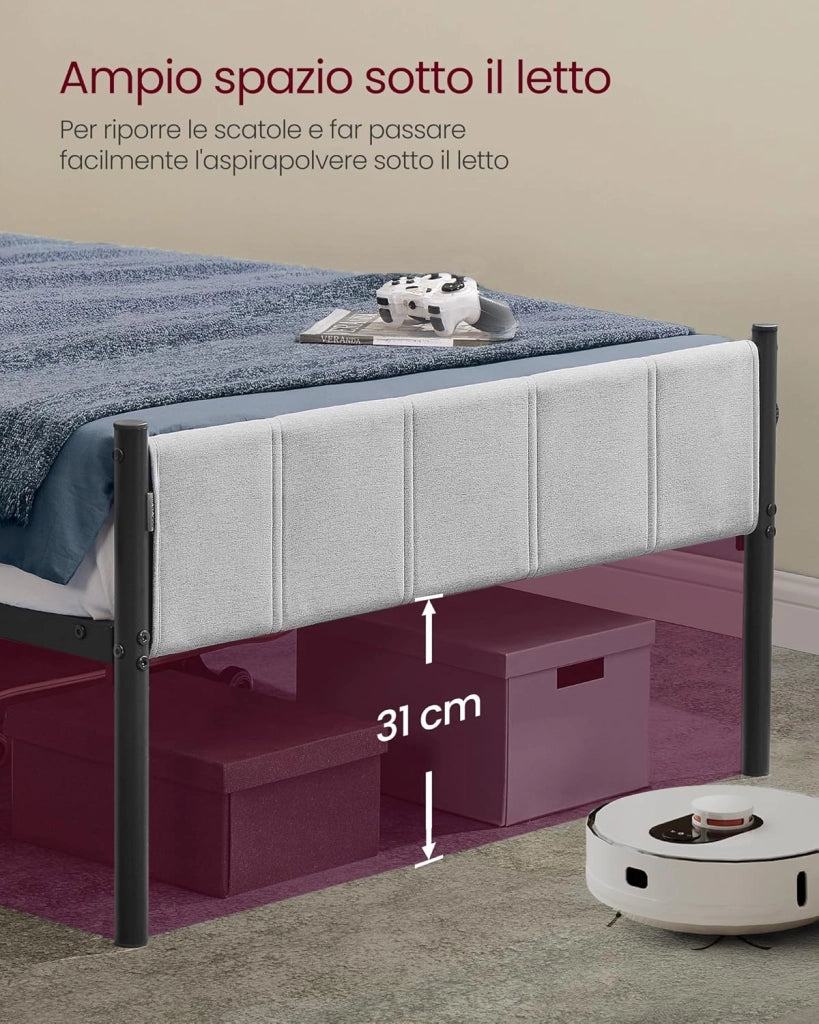 VASAGLE Struttura Letto Singolo, 90 x 200 cm, con Testiera Imbottita, Telaio del Letto, Doghe in Acciaio, Regge fino a 250 kg, Montaggio Facile, Grigio Tortora RMB972G01
