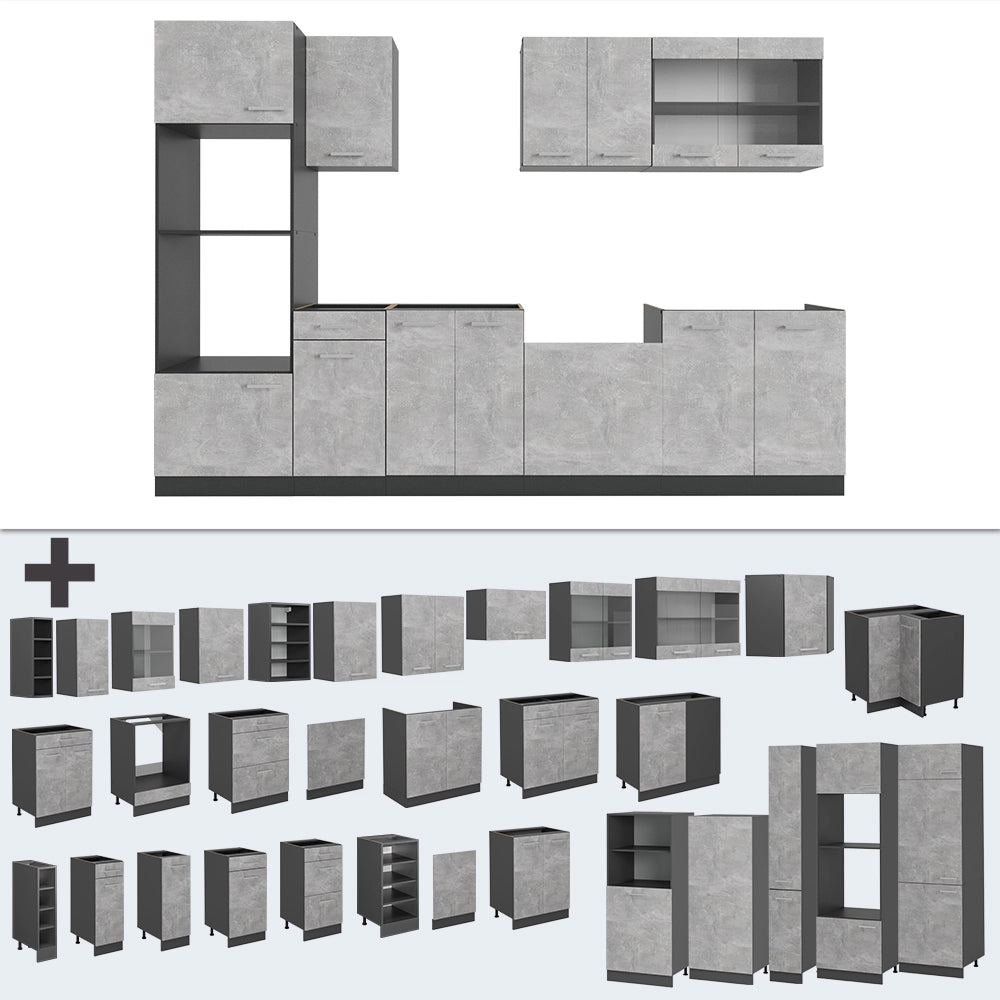 Cucina componibile R-Line Calcestruzzo/Antracite 300 cm con armadio alto, senza piano di lavoro Vicco