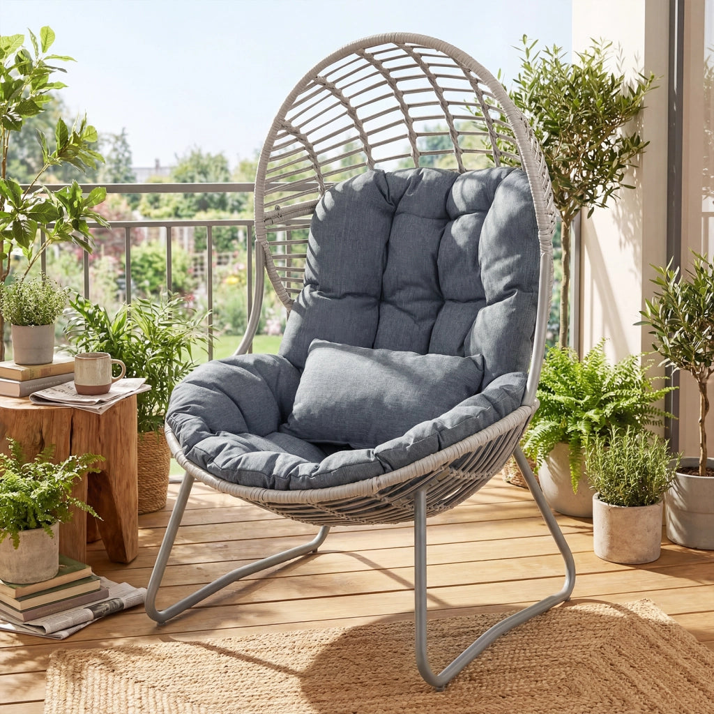 Poltrona da giardino in pe rattan con cuscino imbottito sedile ampio e telaio in metallo, Sedia relax a nido max 150 kg Grigio