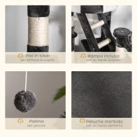 Tiragraffi per Gatti a Soffitto con Altezza Regolabile 240-260 cm, Albero Tiragraffi per Gatti Multilivello con Cucce, Amache e Scale, Corde in Sisal, Grigio Scuro e Bianco