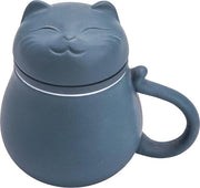 Tazza da tè in ceramica con filtro e coperchio, tazza da tè con design gatto, filtro per la preparazione di tè senza foglie, regalo per vacanze, compleanni, casa calda (blu)