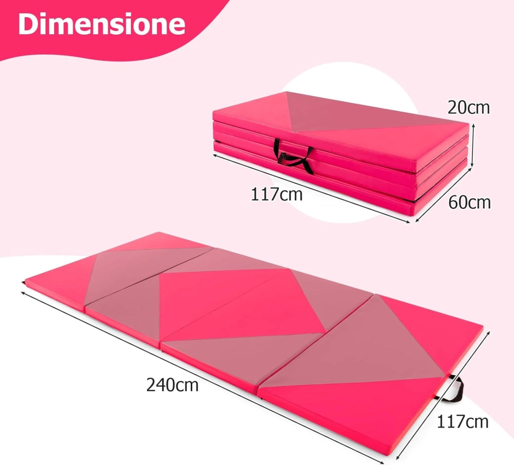 Tappetino Ginnastica Pieghevole 240 CM, Tappetino per Tumbling in Pelle PU con Chiusure a Strappo per Stretching, Yoga, Arti Marziali da Casa, Palestra e Fitness