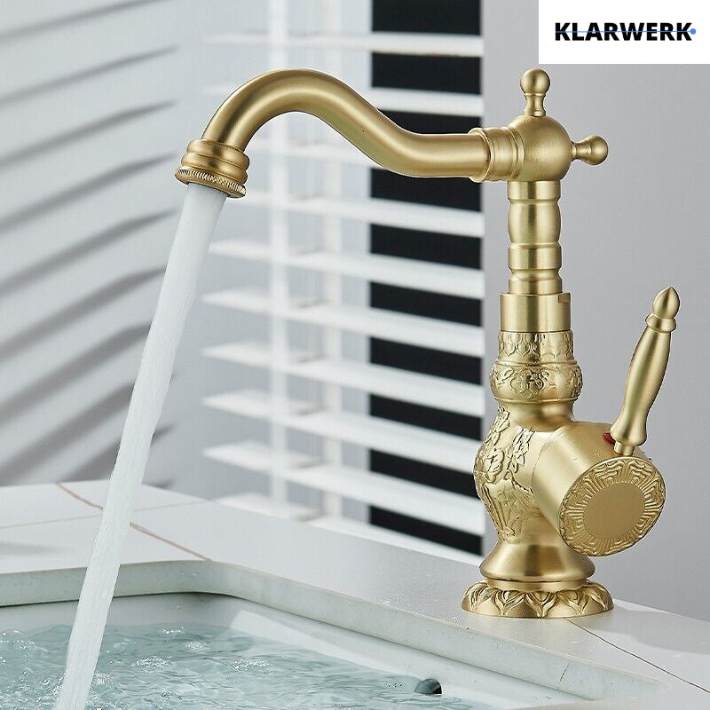 JULIAN | Rubinetto da bagno alto vintage oro spazzolato | Miscelatore retrò in acciaio inox per lavabo freestanding | Bagno con rubinetto gastronomico