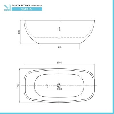 Vasca da bagno freestanding ovale 72,5x150 cm con scarico incluso Giada