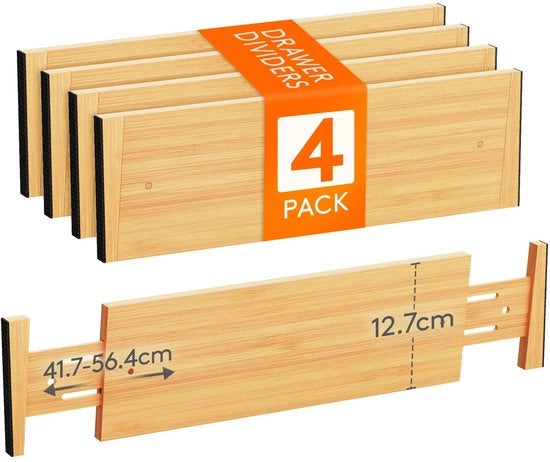 Set di divisori di carico 4 in 1 in bambù naturale, divisori di carico regolabili per altezza 41,7-56,4 cm e profondità 12,7 cm, sistema di organizzazione per cucina, armadi e scrivanie