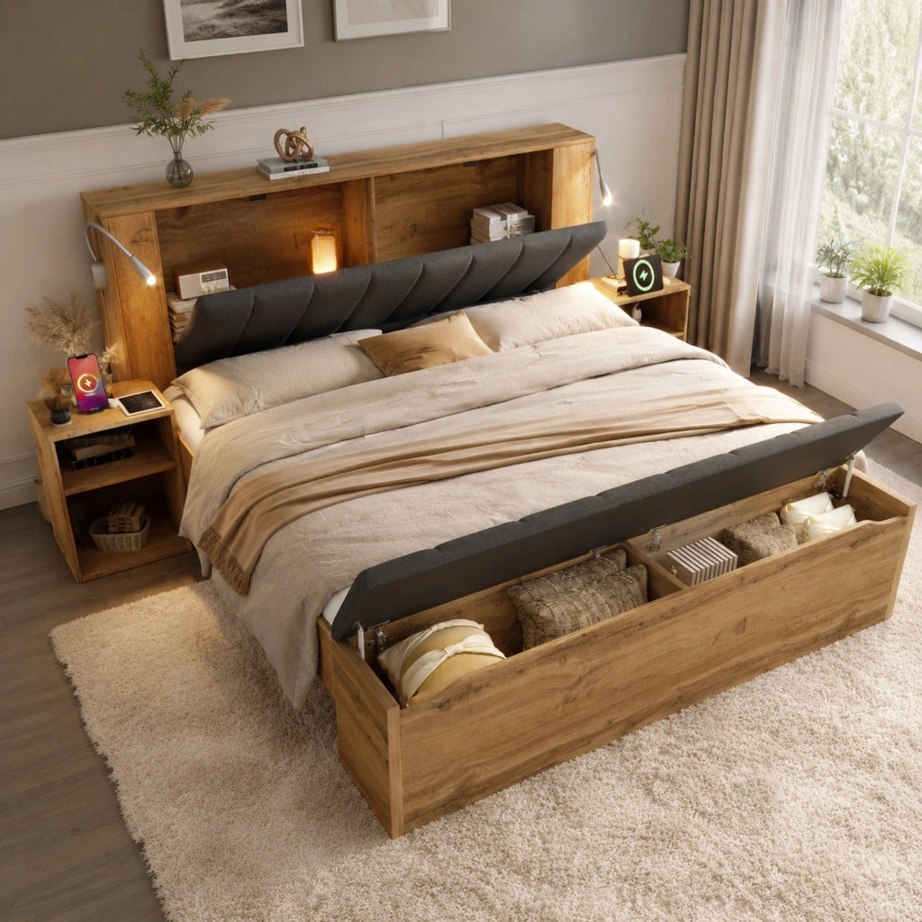 LETTO matrimoniale 160x200 cm legno rovere con lampade USB e comodini