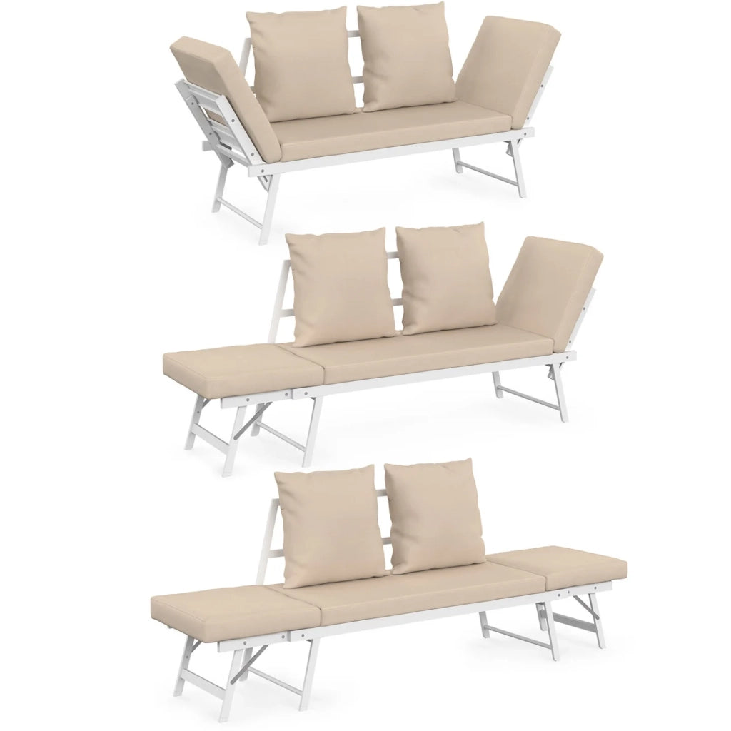 IDMarket - Divano da giardino, panca trasformabile NOLA 2/3 posti con braccioli reclinabili in metallo bianco e cuscini beige