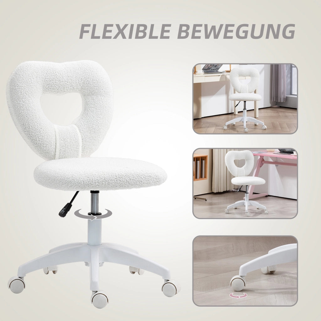 Sedia da ufficio girevole con schienale a cuore senza braccioli e altezza regolabile in teddy fleece bianco