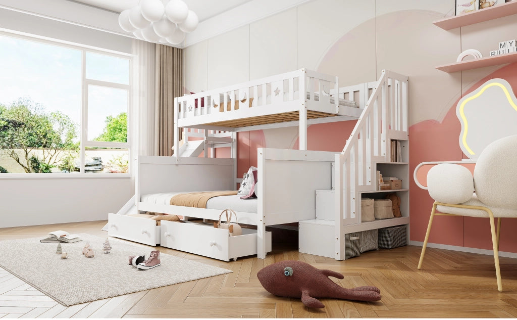 DESMIU Litto a castello bambino 90 × 200 e 140 × 200 cm con scivolo, scala, 2 cassetti, senza materasso, bianco