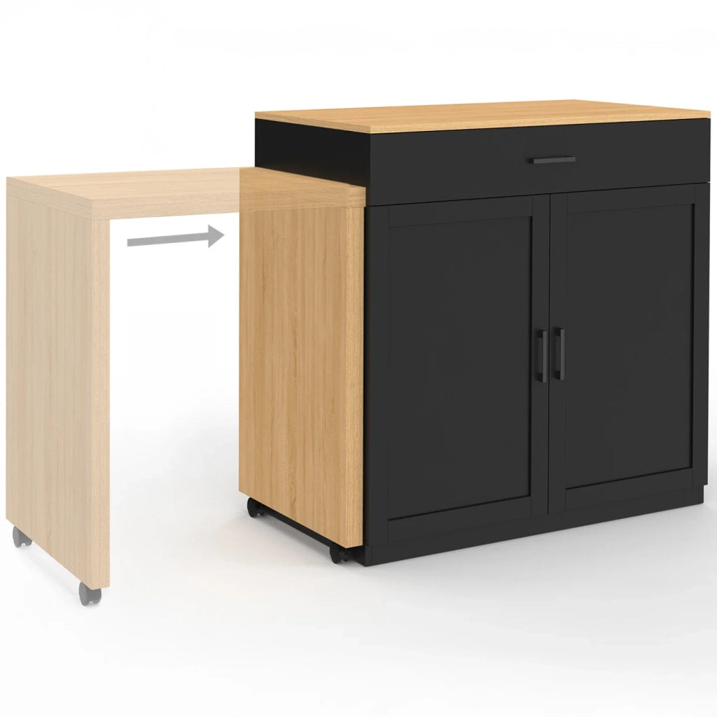 IDMarket - Isola centrale VITO 94-155 cm in legno nero con tavolo da pranzo integrato allungabile in finitura faggio