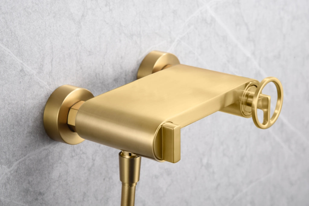 IMEX Set doccia monocomando in ottone oro spazzolato con tubo flessibile acciaio 180 cm doccetta rotonda ABS cartuccia ceramica Ø35 mm staffa fissa doccetta PVD Imex-BDC033-5OC Olimpo