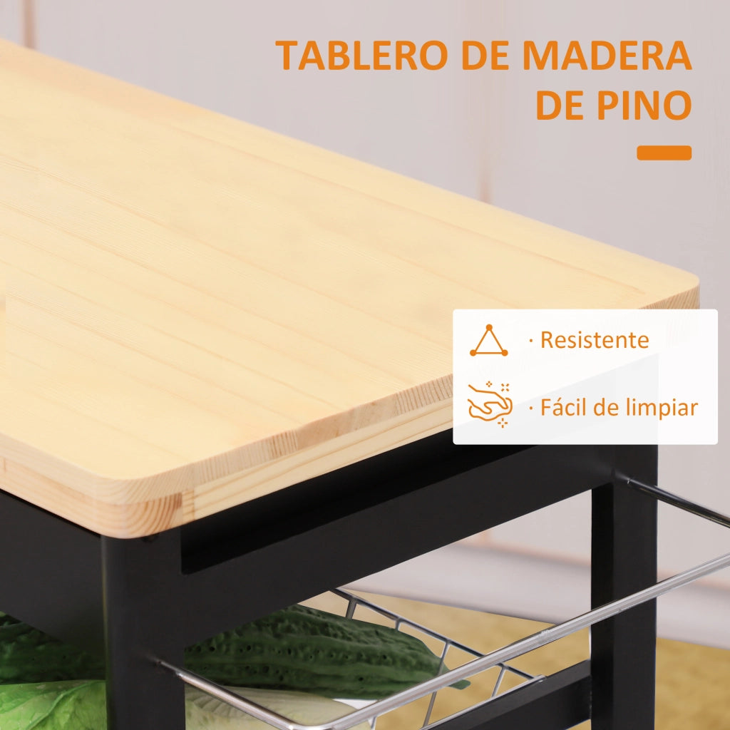Carro per cucina con 2 cassetti, 2 cestini e 2 ripiani ¨C zephmum ¨C Nero 74x37x76 cm