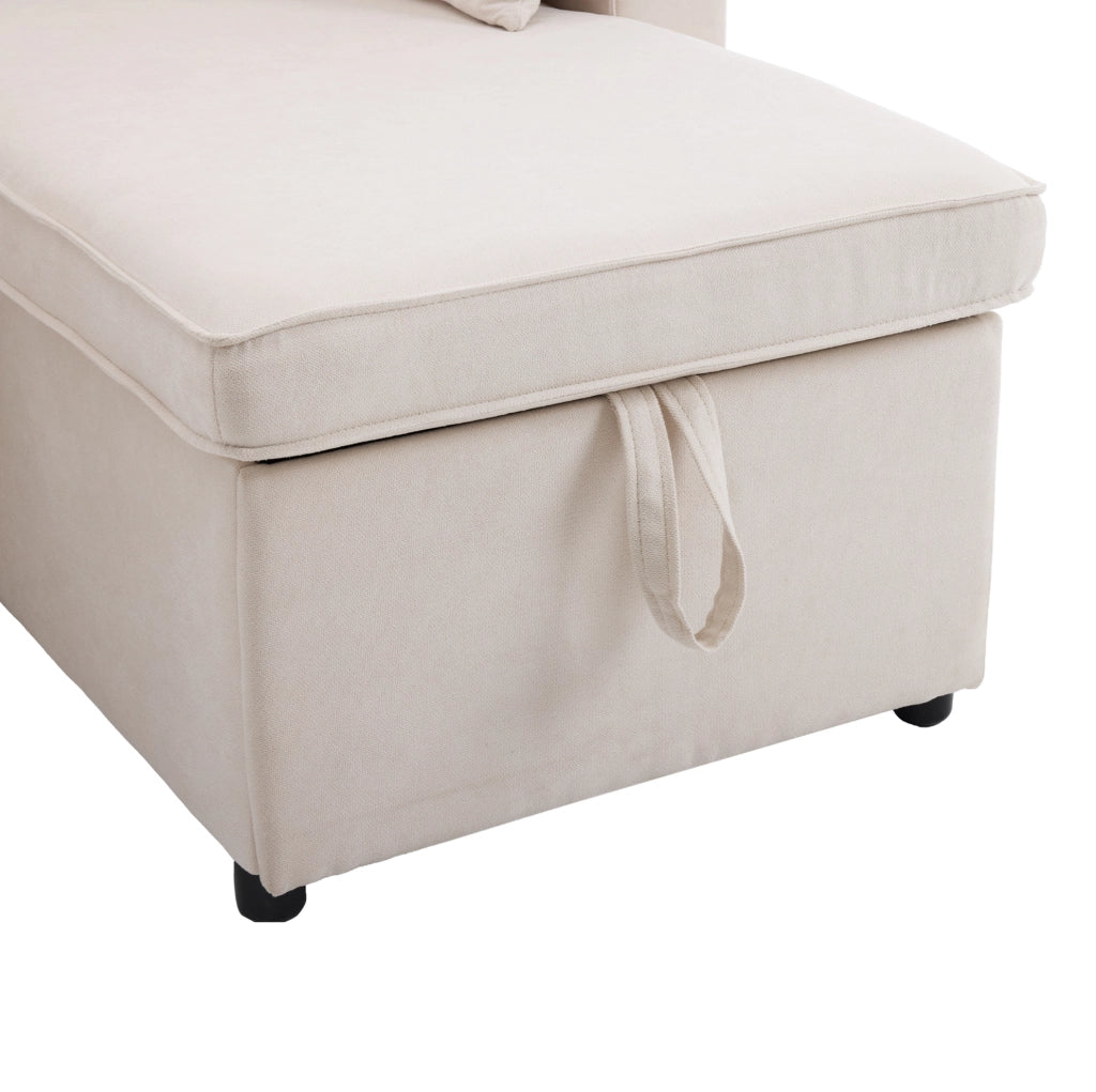 Divano letto reversibile con contenitore e portabicchieri in cotone e lino beige