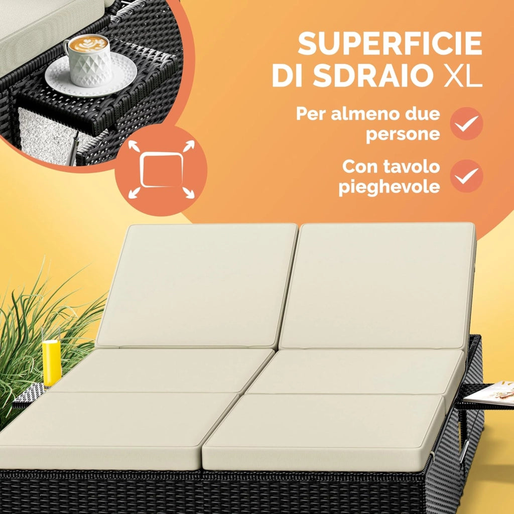 ® Lettino Doppio con Tavolino Sdraio 2 Posti Lettino Prendisole da Giardino Matrimoniale Regolabile 200x115cm